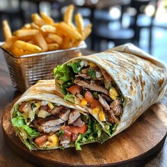 Photo of a Shawarma Wrap Cut Open to Reveal Grilled Meat, Vegetables, and Served with Fries