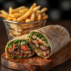 Photo of a Shawarma Wrap Cut Open to Reveal Grilled Meat, Vegetables, and Served with Fries