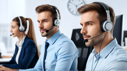 handsome call center manager in headphones with mike sitting at workplace while his colleague sitting on background