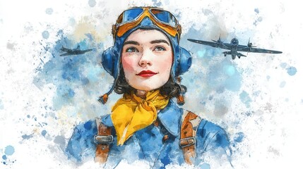Woman aviator watercolor portrait