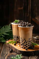 Two cups of classic brown sugar bubble tea with tapioca pearls. Refreshing drink concept. 