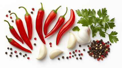 Fresh red chili peppers garlic parsley and colorful peppercorns arranged on white background