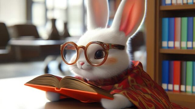 Cute white cartoon rabbit wearing glasses reads aloud in a cozy library setting 4k video