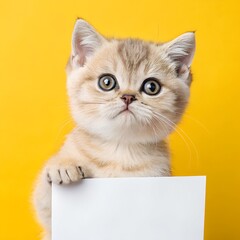 A fluffy white ragdoll kitten with beautiful blue eyes holds a blank sign