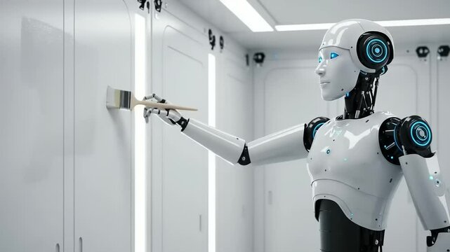 A humanoid robot painting a wall in a futuristic interior, showcasing advanced technology in action