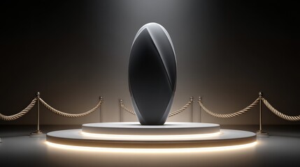 Dark grey, sculpted, oval object on a multi-tiered pedestal.