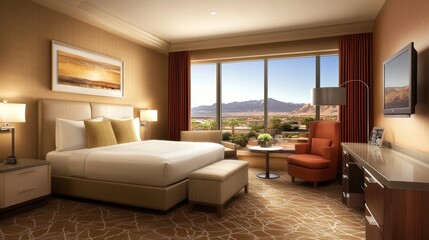 Fototapeta premium Spacious hotel suite with modern furnishings and elegant design touches.