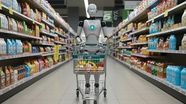 A humanoid robot pushing a shopping cart in a grocery store aisle filled with various products