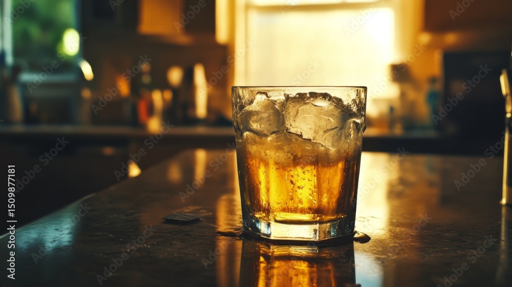 Poster a chilled beer glass with ice, condensation forming on the outside, placed on a countertop with a wa