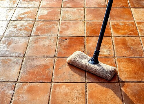 Microfiber Dust Mop Sweeping Terracotta Tile Floor &ndash; Cleaning Close-Up