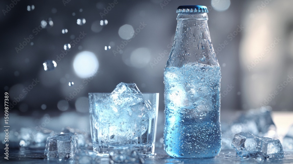 Poster a chilled soda bottle next to a glass filled with ice, with visible fizzing bubbles.