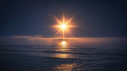 Bright starburst over calm ocean at dawn with fog