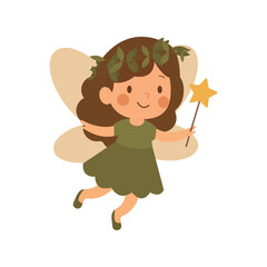 Fototapeta premium Children's style. Flat vector illustration in . Cute flying forest fairy with a magic wand.