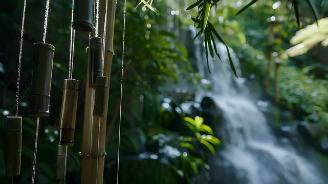 Zen bamboo waterfall in lush forest, zen bamboo waterfall with soft light, zen bamboo waterfall soundscape in jungle,zen forest waterfall chime, bamboo sound in nature retreat, tranquil jungle water

