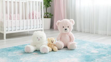 Nursery room with pastel pink and blue decor, a white crib in the background, plush toys on the floor
