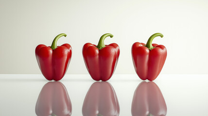 Three vibrant red bell peppers with green stems isolated on a reflective white surface