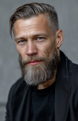 Obraz premium Portrait of a stylish mature man with graying hair and beard showing confidence and maturity