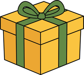 a gift box, a present, a wrapped package, a box with a bow, a yellow cubical box, a festive gift, a holiday present
