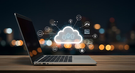 Cloud Computing Technology Concept with Laptop and Digital Network Icons