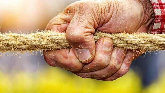 Close-Up of Human Hand Gripping Natural Rope Texture in Outdoor Setting Against Soft Blurry Background