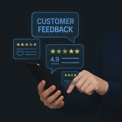 Digital Customer Review and Feedback System with Woman Giving Five-Star Satisfaction Rating