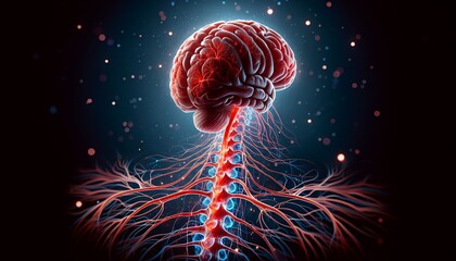 This is a vibrant depiction of the human brain and spinal cord that highlights their intricate neural connections and pathways.
