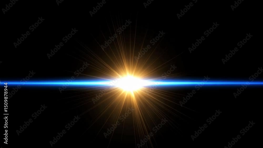 Wall mural brilliant golden light rays emanating from a central source with a blue light line against a dark ba