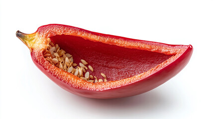 Close up shot of a sliced red bell pepper with seeds on a white background