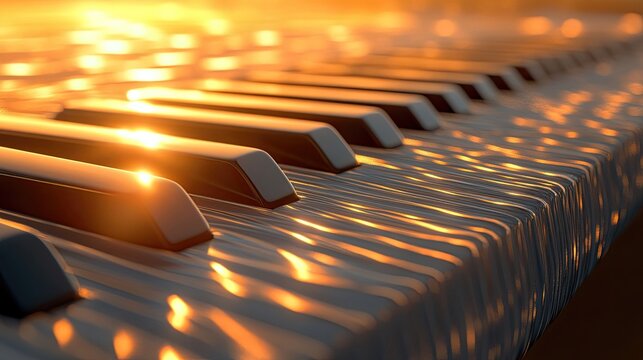 Keys on piano in sunlight with gleaming surfaces dramatic angle and moody vibe ideal for musical instrument visuals