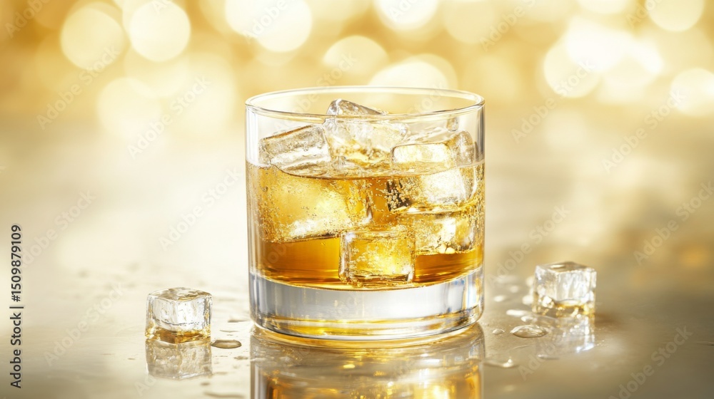Poster a close-up of a clear glass filled with golden beer and ice cubes, with condensation forming on the 