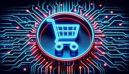 This digital shopping concept features a neon shopping cart icon against a circuit board background, symbolizing the integration of e-commerce and technology.
