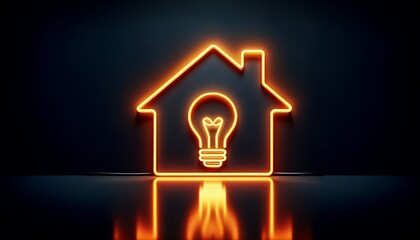 A neon outline of a house with a glowing bulb symbolizes energy efficiency and smart home technology.
