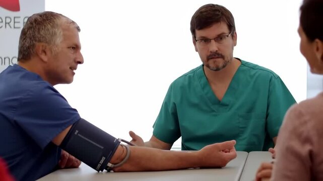 Doctor nurse patient blood pressure medical healthcare consultation at clinic and outdoor health check community event screening