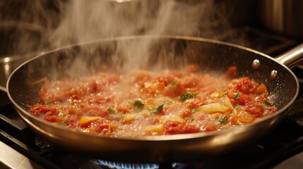 A close-up of a frying pan with sizzling ingredients being sauted, with oil and spices shimmering, placed on a stovetop with soft, ambient lighting
