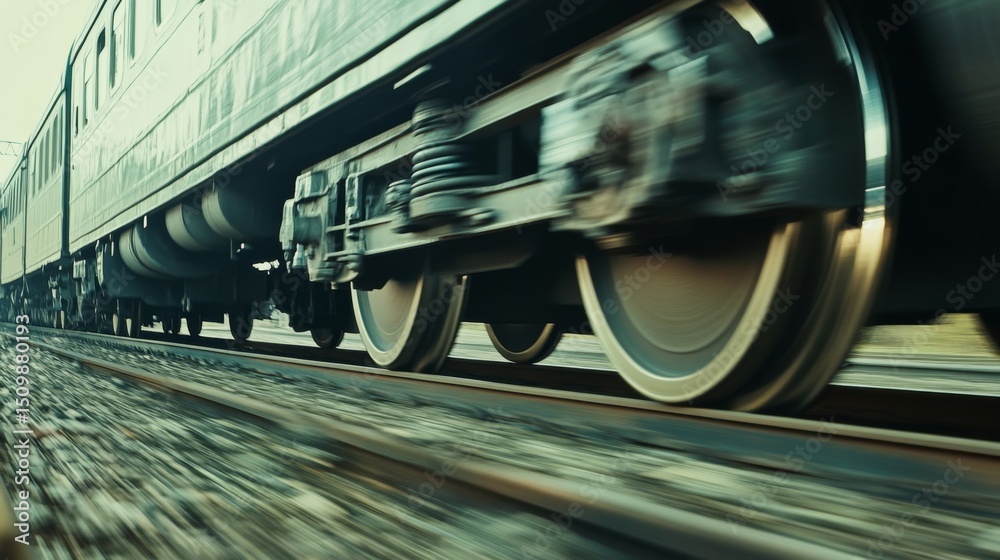 Poster a close-up of a high-speed trains wheels in motion on the track, with the railway and surrounding la