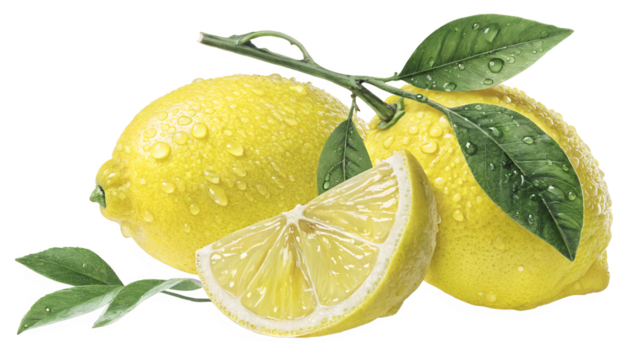 Green leaf organic yellow lemon fruit citrus healthy juice cut in half on a white isolated background