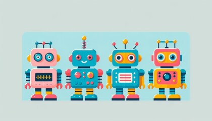 A line of vibrant robotic designs is on display, showcasing futuristic creativity and innovation.

