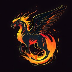 Mythical Winged Dragon with Fiery Mane in Vivid Vector Illustration on Dark Background