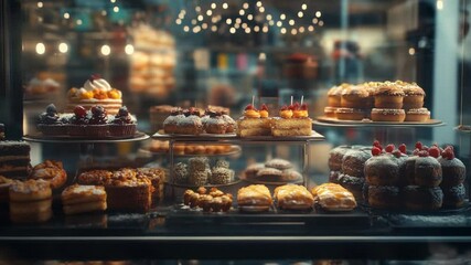Delicious assortment of cakes and pastries displayed in a bakery showcase window