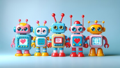 This is a vibrant and playful arrangement of futuristic toy figures in a balanced composition that conveys creativity and imagination.
