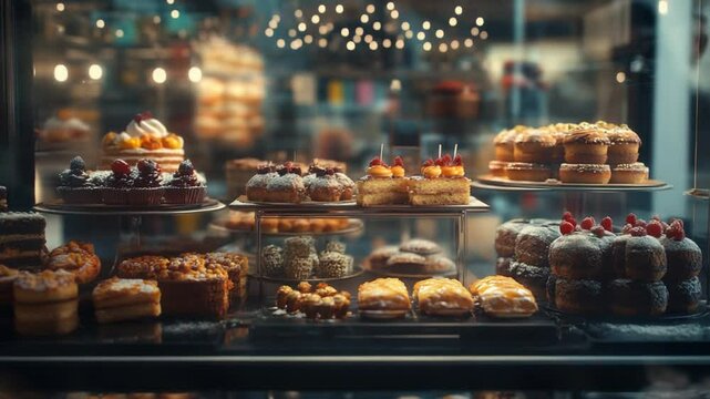 Delicious assortment of cakes and pastries displayed in a bakery showcase window