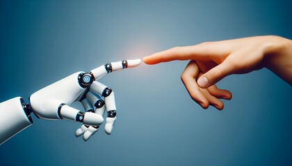 The image of human and robot hands reaching out to touch each other symbolizes the connection between humanity and technology.
