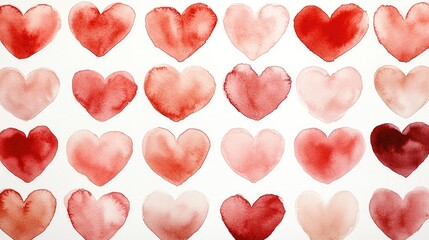 Fototapeta premium Delicate watercolor hearts in various shades of pink and red.