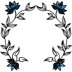Elegant Blue and black & white Flower Wreaths and Decorative Botanical Borders for Invitations and Greeting Cards. wreath of branches and leaves. simple illustration in sketch style.