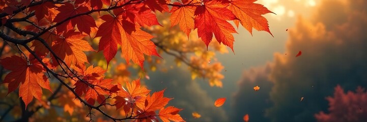 Fototapeta premium A vibrant autumnal header banner featuring rich fall colors of orange, red, and brown leaves, perfect for seasonal websites and blogs , thanksgiving, background