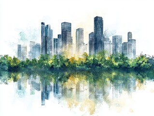 Fototapeta premium Tranquil Watercolor Cityscape with Reflection