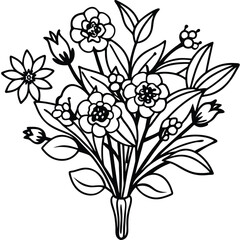 Hand-Drawn Black and Colored Floral Bouquet Illustrations – Botanical Clip art Set for Coloring Pages, Invitations, and Craft Design. Wildflower line art bouquets set, botanical vector illustration.