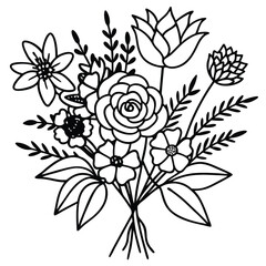 Hand-Drawn Black and Colored Floral Bouquet Illustrations – Botanical Clip art Set for Coloring Pages, Invitations, and Craft Design. Wildflower line art bouquets set, botanical vector illustration.