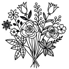 Hand-Drawn Black and Colored Floral Bouquet Illustrations – Botanical Clip art Set for Coloring Pages, Invitations, and Craft Design. Wildflower line art bouquets set, botanical vector illustration.