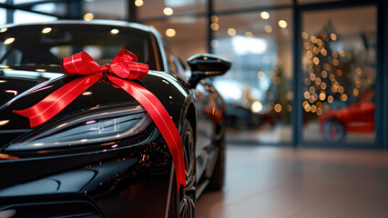 Luxury car in showroom with festive ribbon. Holiday surprise concept.